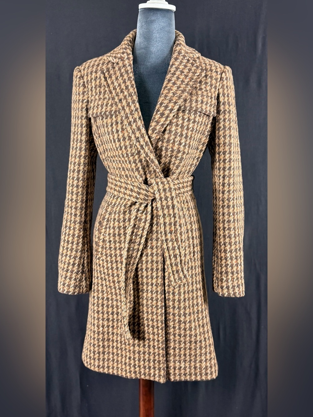 Victoria's Secret Women’s Wool Brown & Tan Houndstooth Belted Trench Coat